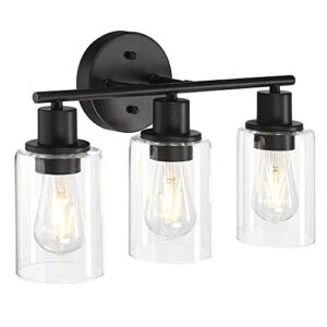 3-light modern vanity light fixture, matte black bathroom wall lights over mirror, contemporary minimalist wall sconces with clear glass shade, bath room mount lamp for bedroom, living room, hallway
