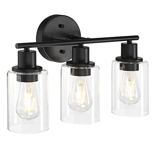 3-Light Modern Vanity Light Fixture, Matte Black Bathroom Wall Lights Over Mirror, Contemporary Minimalist Wall Sconces with Clear Glass Shade, Bath Room Mount Lamp for Bedroom, Living Room, Hallway