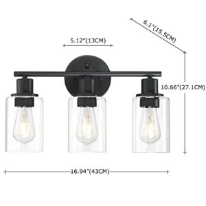 3-Light Modern Vanity Light Fixture, Matte Black Bathroom Wall Lights Over Mirror, Contemporary Minimalist Wall Sconces with Clear Glass Shade, Bath Room Mount Lamp for Bedroom, Living Room, Hallway