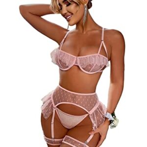 SOLY HUX Women's Valentines Sexy Mesh Lingerie Set Lace Teddy Strap Babydoll Bodysuit with Garter Belts Pure Pink L