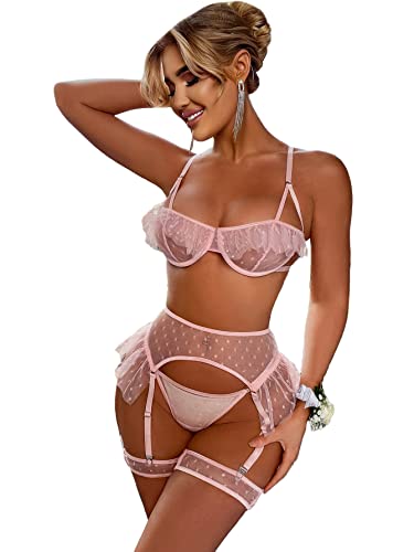 SOLY HUX Women's Valentines Sexy Mesh Lingerie Set Lace Teddy Strap Babydoll Bodysuit with Garter Belts Pure Pink L