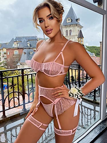 SOLY HUX Women's Valentines Sexy Mesh Lingerie Set Lace Teddy Strap Babydoll Bodysuit with Garter Belts Pure Pink L