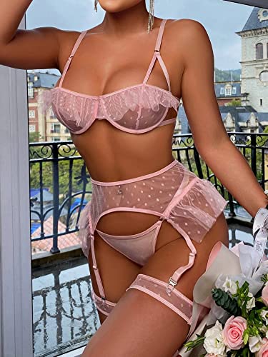SOLY HUX Women's Valentines Sexy Mesh Lingerie Set Lace Teddy Strap Babydoll Bodysuit with Garter Belts Pure Pink L