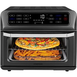 chefman toast-air touch air fryer toaster oven combo, 4-in-1 black convection oven countertop, cook a 10-in pizza, 4 slices of toast, air fry, bake, air broil, dehydrate, 21 qt