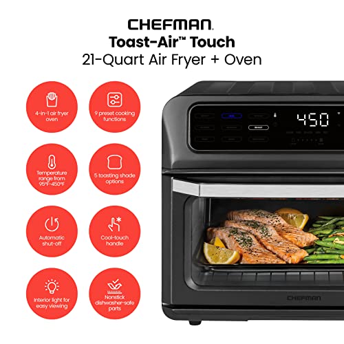 Chefman Toast-Air Touch Air Fryer Toaster Oven Combo, 4-In-1 Black Convection Oven Countertop, Cook a 10-In Pizza, 4 Slices of Toast, Air Fry, Bake, Air Broil, Dehydrate, 21 Qt