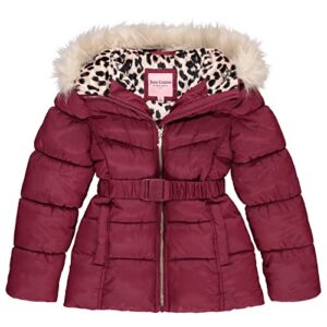 Juicy Couture Girl's Long Fur Hooded Belted Heavy Weight Parka Puffer Jacket, Warm Padded Winter Coats for Girls, Wine Red/M