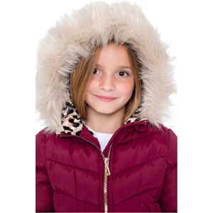 Juicy Couture Girl's Long Fur Hooded Belted Heavy Weight Parka Puffer Jacket, Warm Padded Winter Coats for Girls, Wine Red/M
