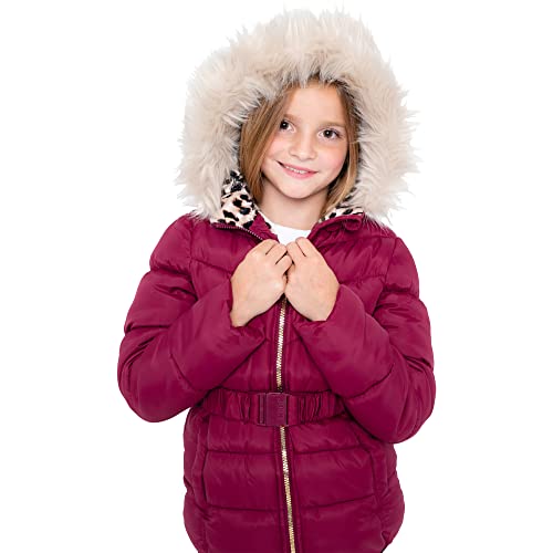 Juicy Couture Girl's Long Fur Hooded Belted Heavy Weight Parka Puffer Jacket, Warm Padded Winter Coats for Girls, Wine Red/M