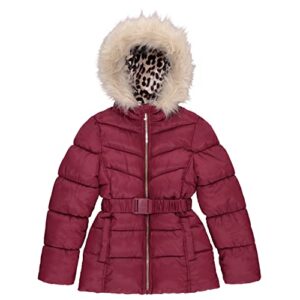 Juicy Couture Girl's Long Fur Hooded Belted Heavy Weight Parka Puffer Jacket, Warm Padded Winter Coats for Girls, Wine Red/M