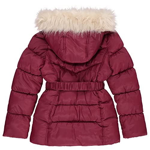 Juicy Couture Girl's Long Fur Hooded Belted Heavy Weight Parka Puffer Jacket, Warm Padded Winter Coats for Girls, Wine Red/M