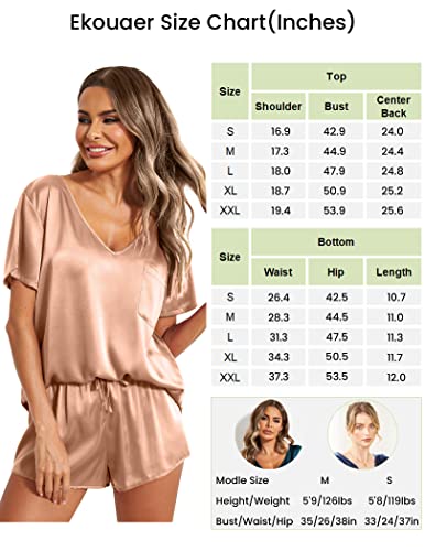 Ekouaer Women's Soft Satin Sleepwear Plus Size Silk Nightwear Classic Short Sleeve Two Piece Pajama Set (Rose Pink,XXL)