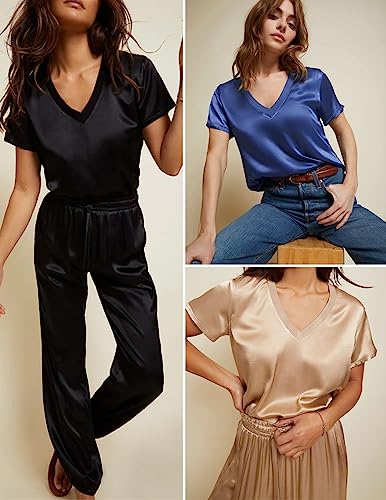 Ekouaer Women's Soft Satin Sleepwear Plus Size Silk Nightwear Classic Short Sleeve Two Piece Pajama Set (Rose Pink,XXL)