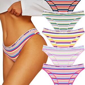 FINETOO Cotton Underwear for Women Cheeky High Cut Colorful Stripes Sexy Ladies Hipster Bikini Panties Pack S-XL