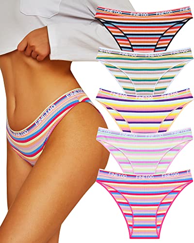 FINETOO Cotton Underwear for Women Cheeky High Cut Colorful Stripes Sexy Ladies Hipster Bikini Panties Pack S-XL