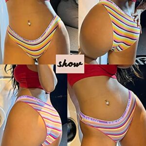 FINETOO Cotton Underwear for Women Cheeky High Cut Colorful Stripes Sexy Ladies Hipster Bikini Panties Pack S-XL