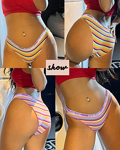 FINETOO Cotton Underwear for Women Cheeky High Cut Colorful Stripes Sexy Ladies Hipster Bikini Panties Pack S-XL