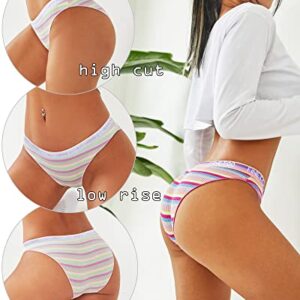 FINETOO Cotton Underwear for Women Cheeky High Cut Colorful Stripes Sexy Ladies Hipster Bikini Panties Pack S-XL