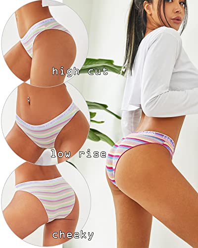 FINETOO Cotton Underwear for Women Cheeky High Cut Colorful Stripes Sexy Ladies Hipster Bikini Panties Pack S-XL