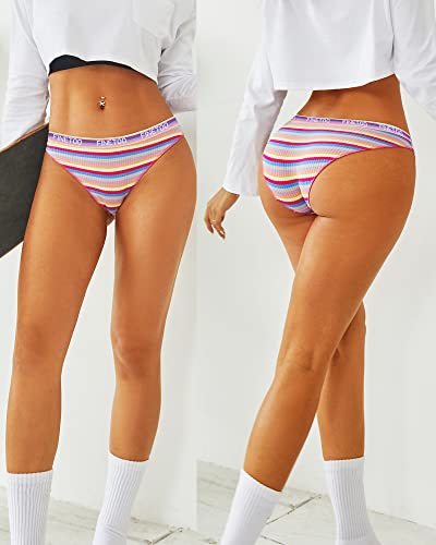 FINETOO Cotton Underwear for Women Cheeky High Cut Colorful Stripes Sexy Ladies Hipster Bikini Panties Pack S-XL