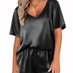 Ekouaer Satin Sleepwear Women's Short Sleeve Pajamas Silk Soft Loungewear Two Piece Pjs Set (Black,S)