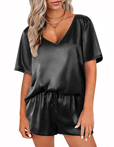 Ekouaer Satin Sleepwear Women's Short Sleeve Pajamas Silk Soft Loungewear Two Piece Pjs Set (Black,S)