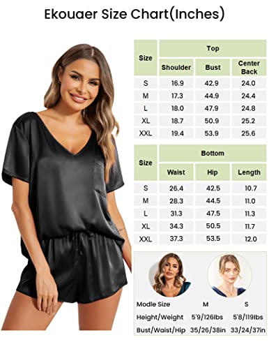 Ekouaer Satin Sleepwear Women's Short Sleeve Pajamas Silk Soft Loungewear Two Piece Pjs Set (Black,S)