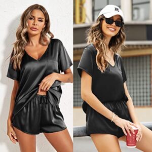 Ekouaer Satin Sleepwear Women's Short Sleeve Pajamas Silk Soft Loungewear Two Piece Pjs Set (Black,S)