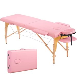 primezone pink massage table portable - 2 folding lash bed with carrying case & face cradle for eyelash extensions, spa, facial, hight adjustable tatto table, 84" x 32"