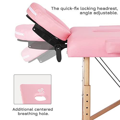 PrimeZone Pink Massage Table Portable - 2 Folding Lash Bed with Carrying Case & Face Cradle for Eyelash Extensions, Spa, Facial, Hight Adjustable Tatto Table, 84" x 32"