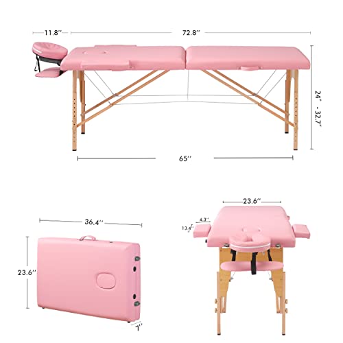 PrimeZone Pink Massage Table Portable - 2 Folding Lash Bed with Carrying Case & Face Cradle for Eyelash Extensions, Spa, Facial, Hight Adjustable Tatto Table, 84" x 32"