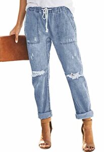 metietila women’s casual pull-on distressed stretch jeans elastic waist jean light indigo denim joggers pants for women xx-large