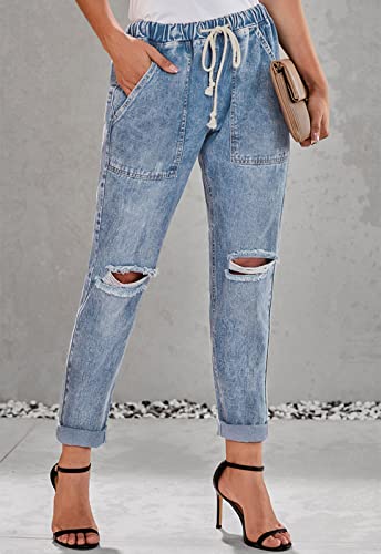 Metietila Women’s Casual Pull-on Distressed Stretch Jeans Elastic Waist Jean Light Indigo Denim Joggers Pants for Women XX-Large