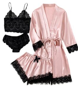 lyaner women's 4pcs sleepwear satin floral lace trim cami pajama set with robe solid pink small