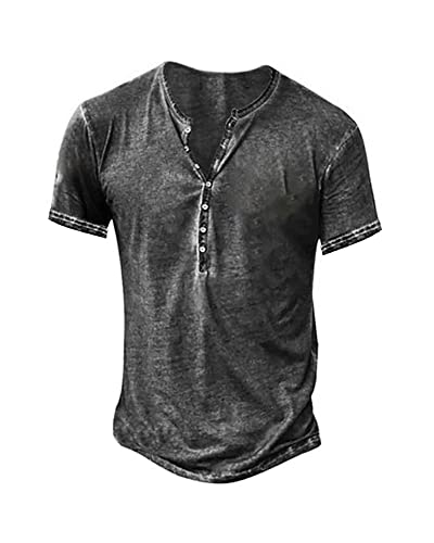 Mens Short Sleeve Henley Shirts Distressed Vintage Tee Shirts Casual Button Down Washed T-Shirts for Men