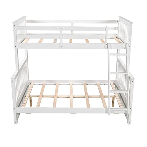 TRIPLE TREE Twin Over Full Bunk Bed with Ladder, Two Storage Drawers and Safety Guardrails, Solid Wood Bunk Beds Wooden Bed Frame for Teens, Adults, Can be Separate into 2 Single Beds, White