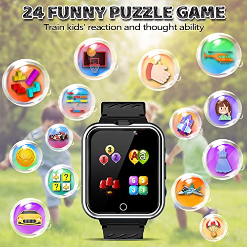 OVV Kids Game Smart Watch Boy Girl Age 3-12 with 24 Games Dual Camera 1.54" HD Screen Video Music Player Pedometer Alarm Clock Torch Calculator Student Digital Wrist Watch Electronic Learning Toys