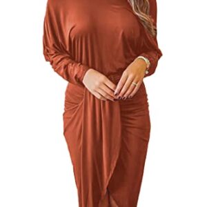 PRETTYGARDEN Women's Ruched Midi Dress Off Shoulder Long Sleeve Asymmetrical Draped Wrap Bodycon Cocktail Dresses (Brick Red,Medium)