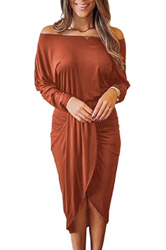 PRETTYGARDEN Women's Ruched Midi Dress Off Shoulder Long Sleeve Asymmetrical Draped Wrap Bodycon Cocktail Dresses (Brick Red,Medium)