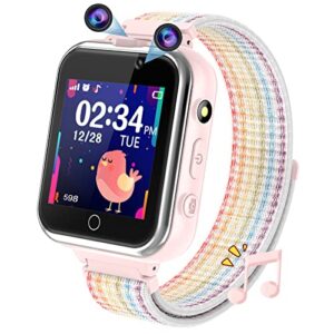 pthtechus kids game smart watch for boys and girls,smartwatch with 24 puzzle games nylon strap dual cameras touch screen music player pedometer multi-function for 4-12 years children gifts-pink