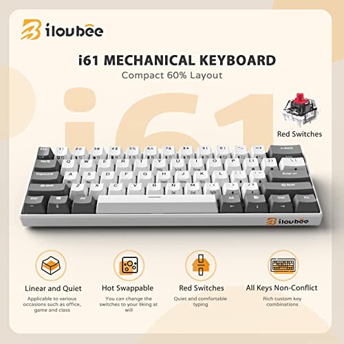 iLovBee i61 Mechanical Keyboard 60 Percent, Wired Hot Swappable Compact RGB Gaming Keyboard, 61 Keys Mini Keyboard with Red Switch for PC/Mac Gamer, Software Supported, Grey-White