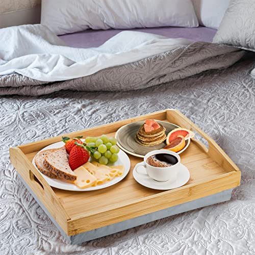 Cedilis Bamboo Lap Tray with Detachable Pillow, 16.9 x13 in Serving Tray with Handles, Bed Tray for Eating