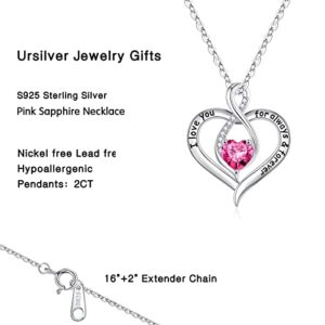 Ursilver Love Heart Pink Sapphire Birthstone Necklace - S925 Sterling Silver Birthstone Necklace October Birthstone Necklace Mothers Day Gifts Christmas Gifts Jewelry Gifts for Women Mom Wife Grandma