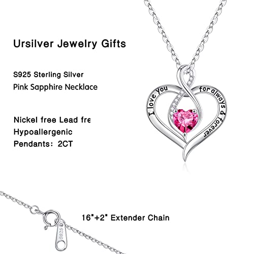 Ursilver Love Heart Pink Sapphire Birthstone Necklace - S925 Sterling Silver Birthstone Necklace October Birthstone Necklace Mothers Day Gifts Christmas Gifts Jewelry Gifts for Women Mom Wife Grandma