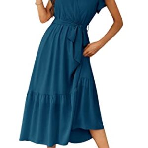 PRETTYGARDEN Women's 2023 Floral Boho Dress Wrap V Neck Short Sleeve Belted Ruffle Hem A-Line Flowy Maxi Dresses (Solid Lake Blue,X-Large)