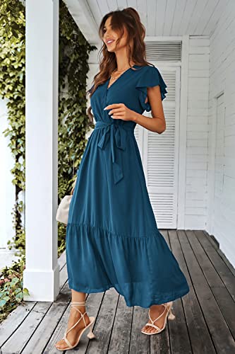 PRETTYGARDEN Women's 2023 Floral Boho Dress Wrap V Neck Short Sleeve Belted Ruffle Hem A-Line Flowy Maxi Dresses (Solid Lake Blue,X-Large)