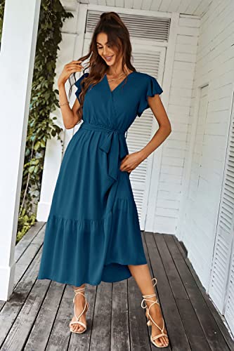 PRETTYGARDEN Women's 2023 Floral Boho Dress Wrap V Neck Short Sleeve Belted Ruffle Hem A-Line Flowy Maxi Dresses (Solid Lake Blue,X-Large)