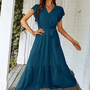 PRETTYGARDEN Women's 2023 Floral Boho Dress Wrap V Neck Short Sleeve Belted Ruffle Hem A-Line Flowy Maxi Dresses (Solid Lake Blue,X-Large)