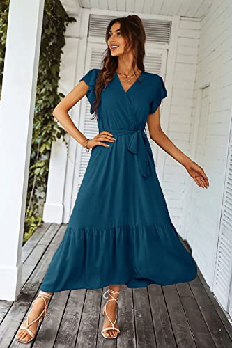 PRETTYGARDEN Women's 2023 Floral Boho Dress Wrap V Neck Short Sleeve Belted Ruffle Hem A-Line Flowy Maxi Dresses (Solid Lake Blue,X-Large)