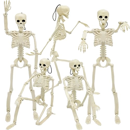 WODMAZ 5 Packs Halloween Skeleton Decorations, 16" Halloween Full Body Mini Skeleton with Movable Posable Joints, Spooky Plastic Skeleton for Yard Garden Lawn Haunted House Graveyard Props Decor