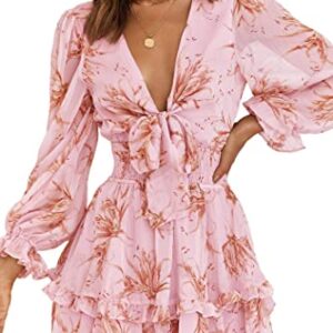 PRETTYGARDEN Women's Short A-Line Flare Dress Knot Front Long Sleeve V Neck Tiered Ruffle Swing Mini Skater Dresses (Pink Floral,X-Large)